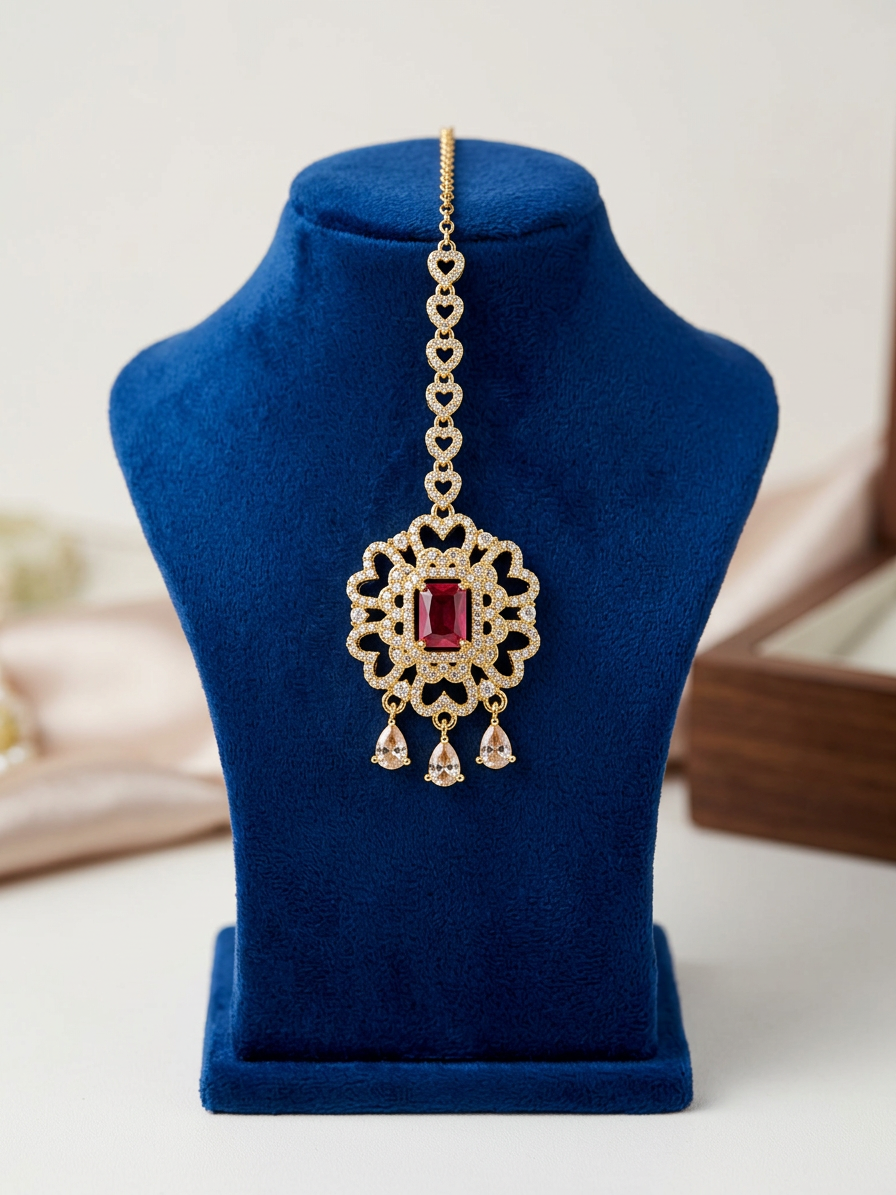 Elegant CZ & Rectangular Gemstone Floral Maang Tikka