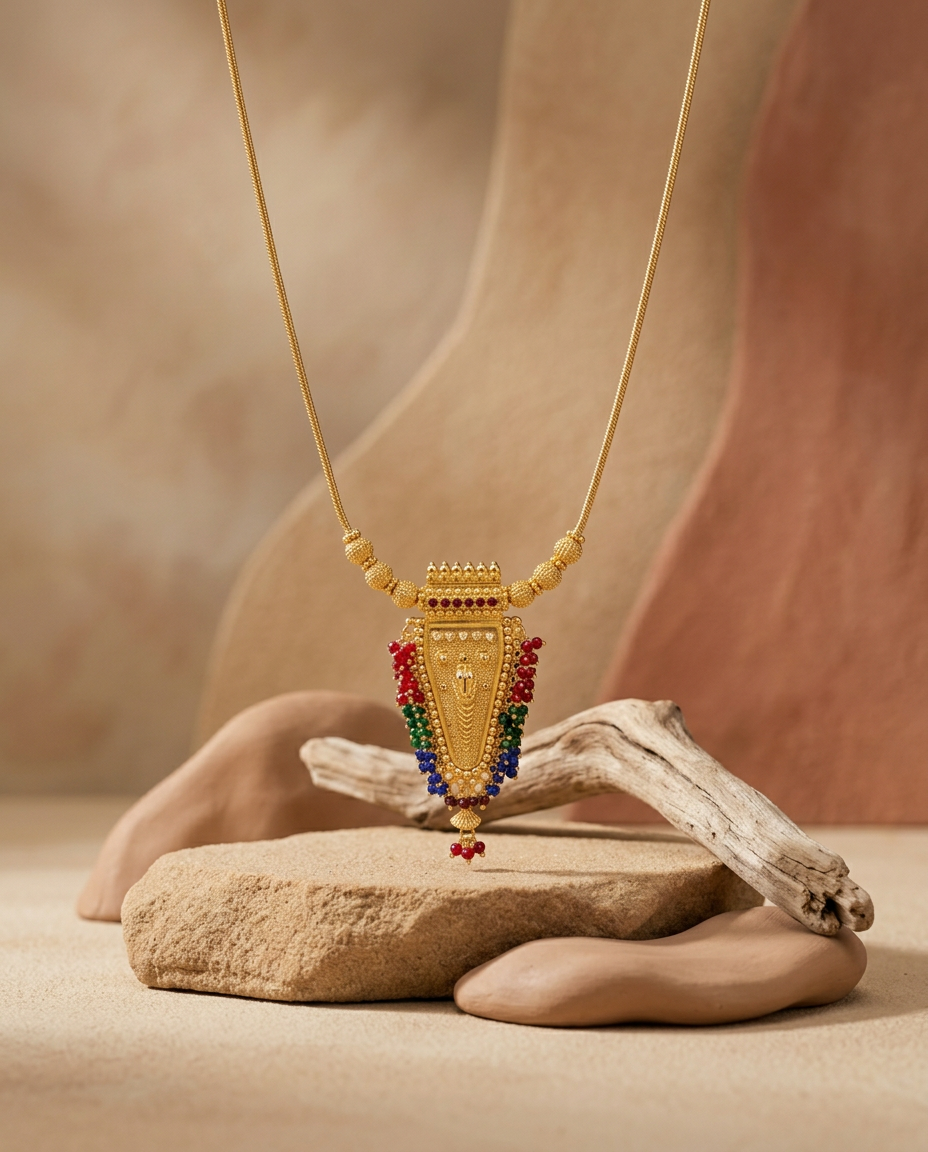 Traditional Gold Multi-Gemstone Fringed Pendant Necklace