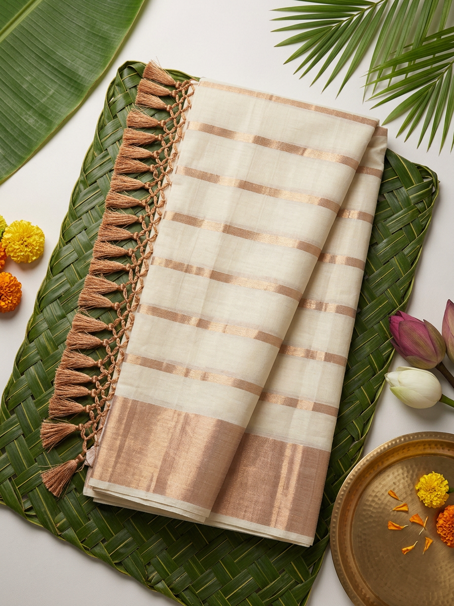 Kaira Rose Gold & Ivory Striped Tissue Saree with Macrame Tassels