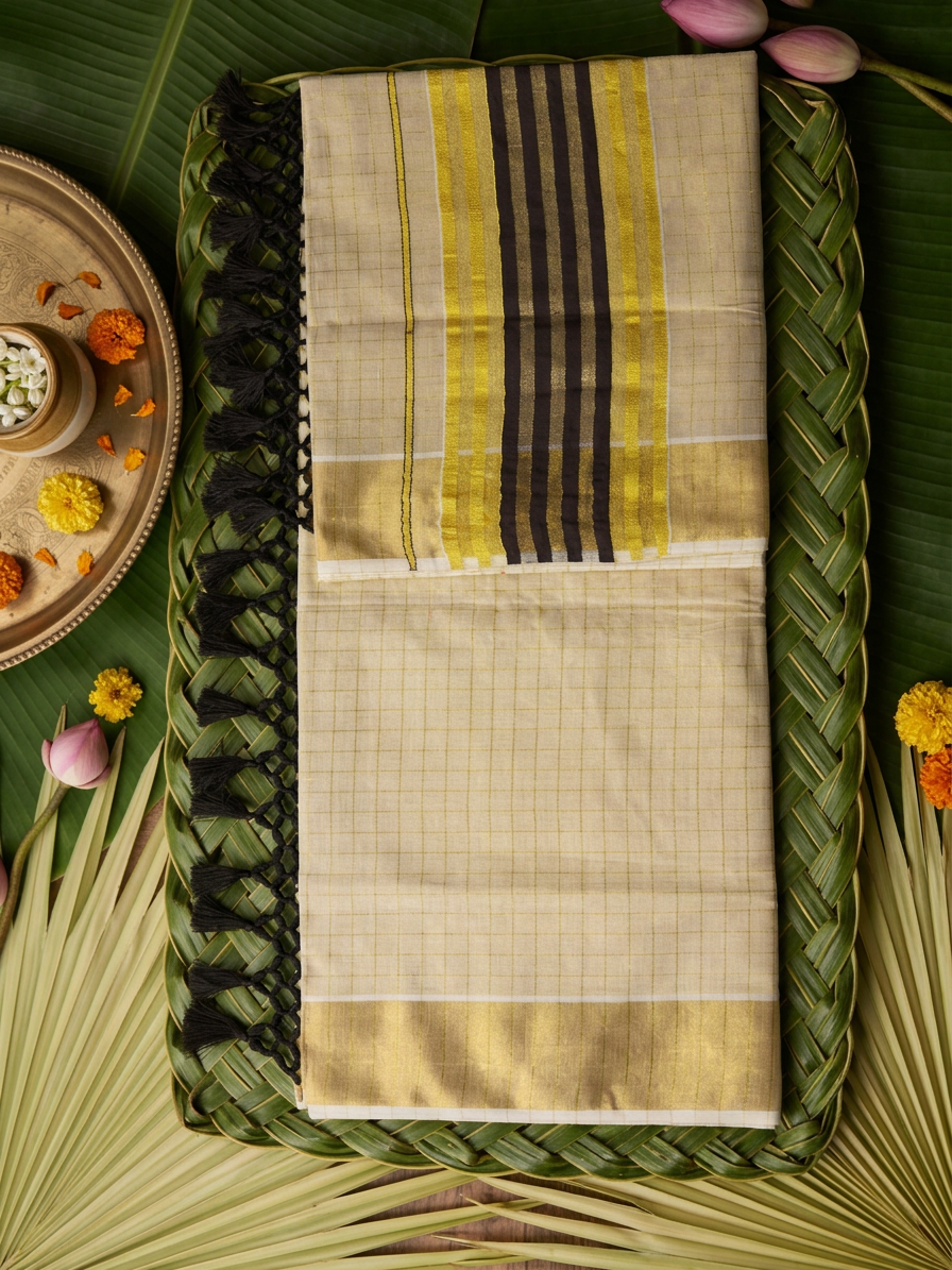Devika Golden Check Tissue Saree with Bold Mocha & Gold Border