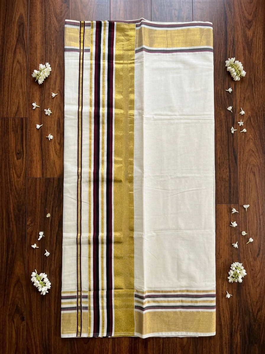 Regal Maroon & Black Stripe Kasavu Saree
