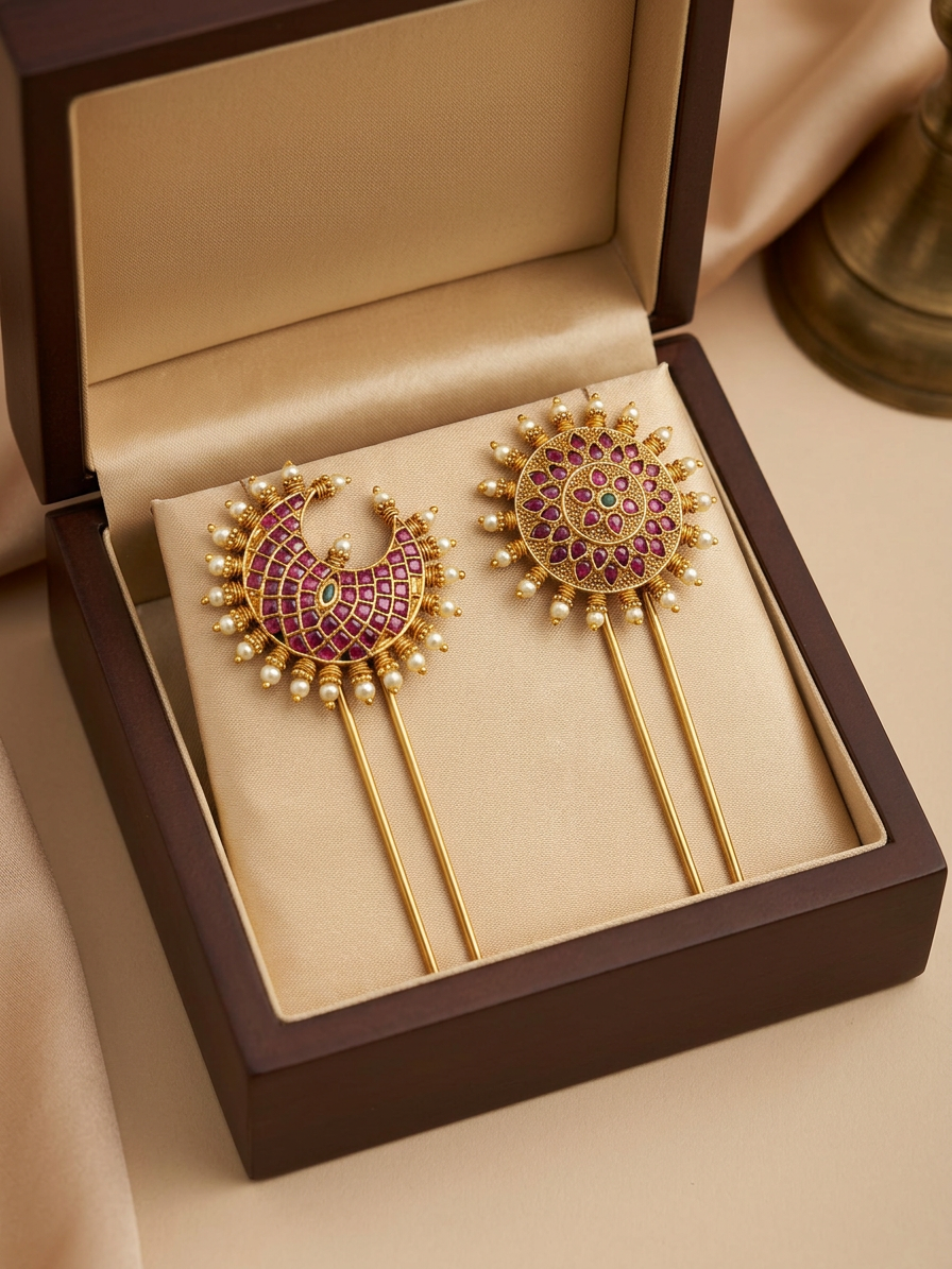 Antique Gold Ruby & Pearl Jadayu Kundan Surya Chandra Pirai