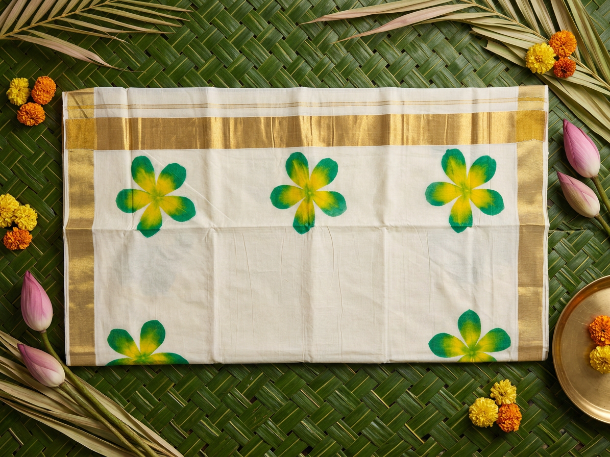 Harita Green & Yellow Floral Painted Kasavu Cotton Saree