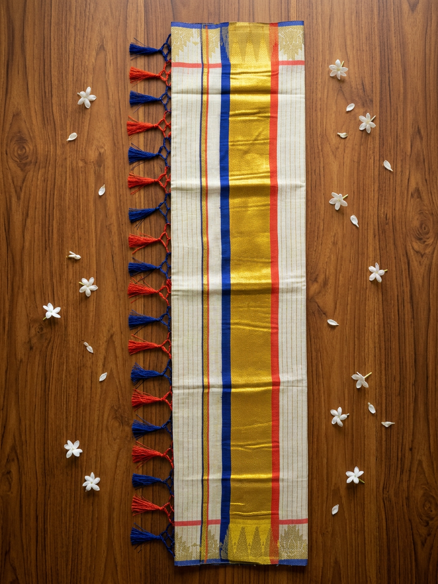 Vibrant Stripe Kasavu Saree with Hand-Knotted Tassels and Temple Border - Tissue Cotton