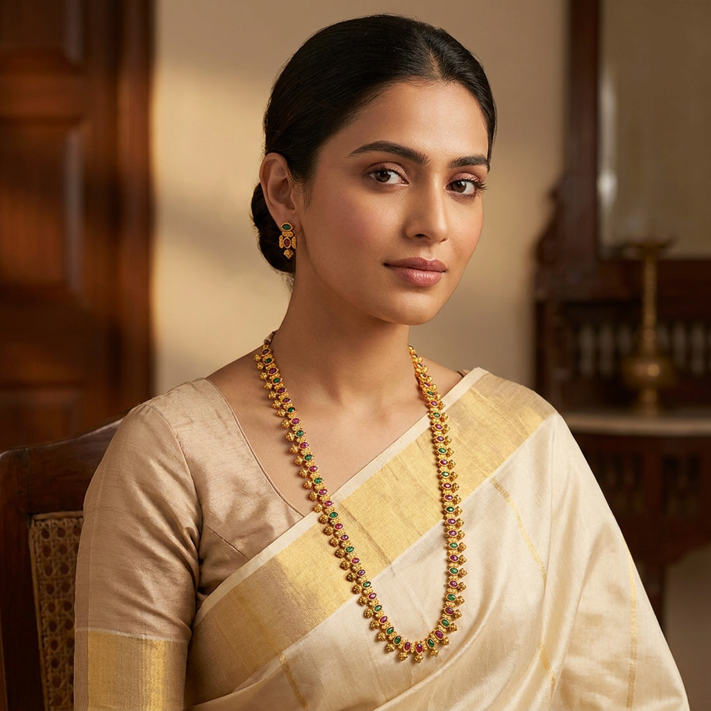 Traditional South Indian Gold Ruby and Emerald Haram Set