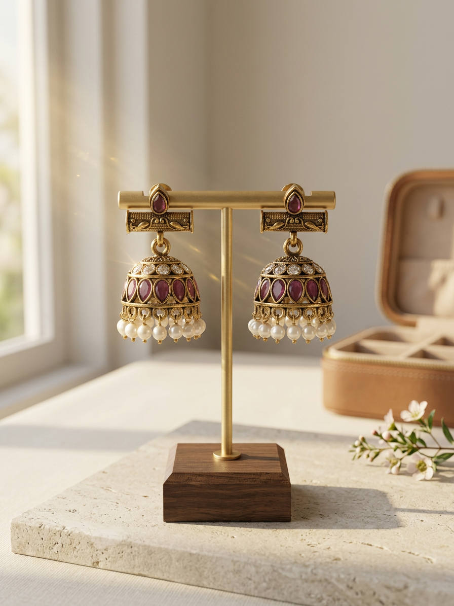 Aarohi Antique Gold Kemp Stone Jhumkas with Pearl Drops