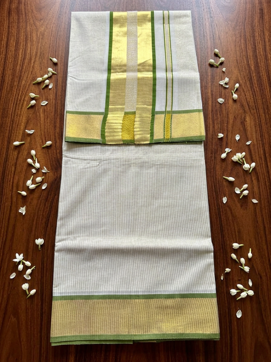 Off-White  Cotton Saree with Fine Woven Stripes, Resplendent Broad Gold Zari Border, and Striking Green Edge Detailing
