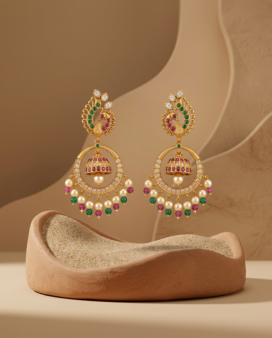 Antique Gold Peacock Hoop Earrings with Suspended Jhumka