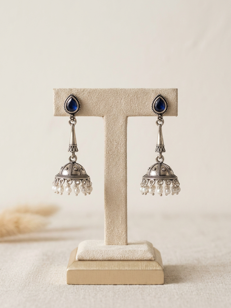 Teardrop Stone Oxidised Silver Pearl Jhumka Earrings