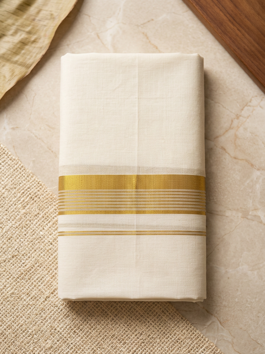 Regal Loom: Off-White Cotton Kasavu Mundu with Striped Gold Zari