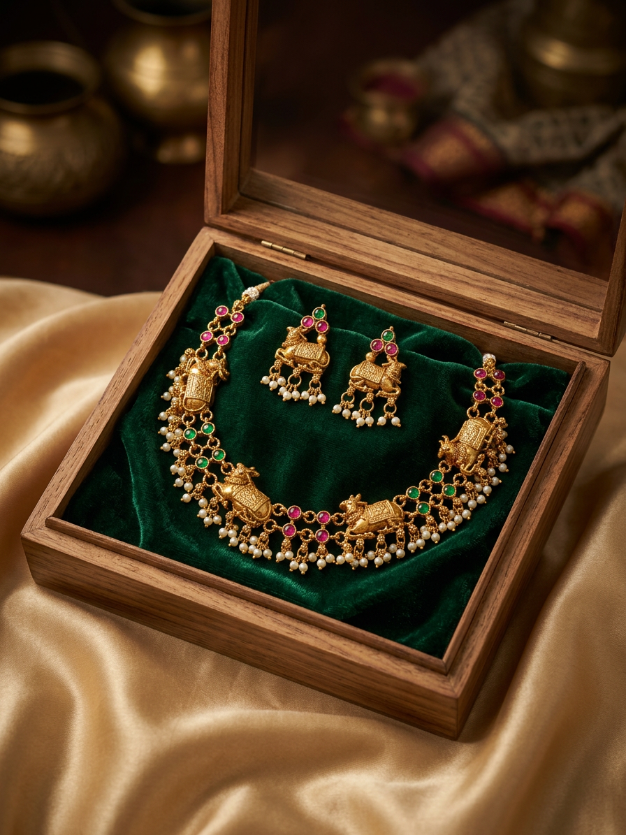 Antique Gold Cow Motif Temple Necklace Set