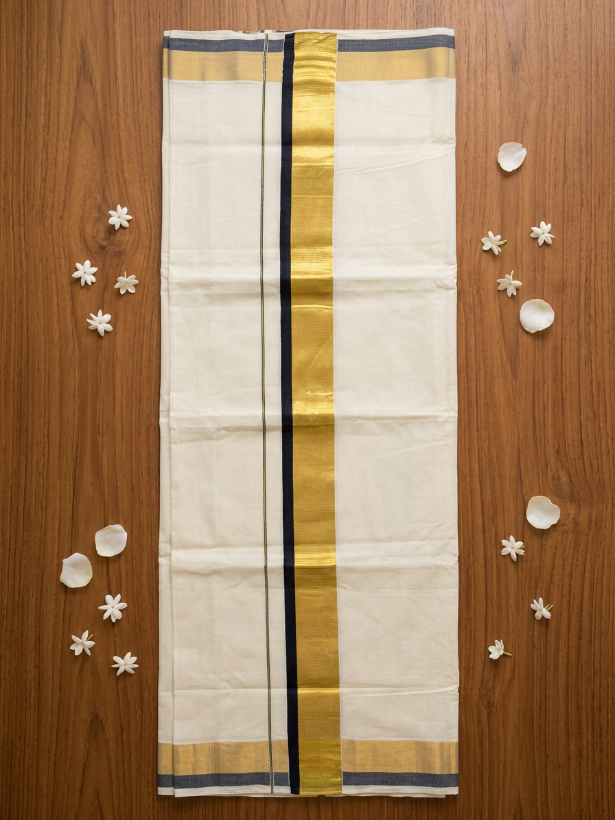 Off-White Handloom Cotton Saree with Resplendent Broad Gold Zari Border and Striking Midnight Black Edge Detailing