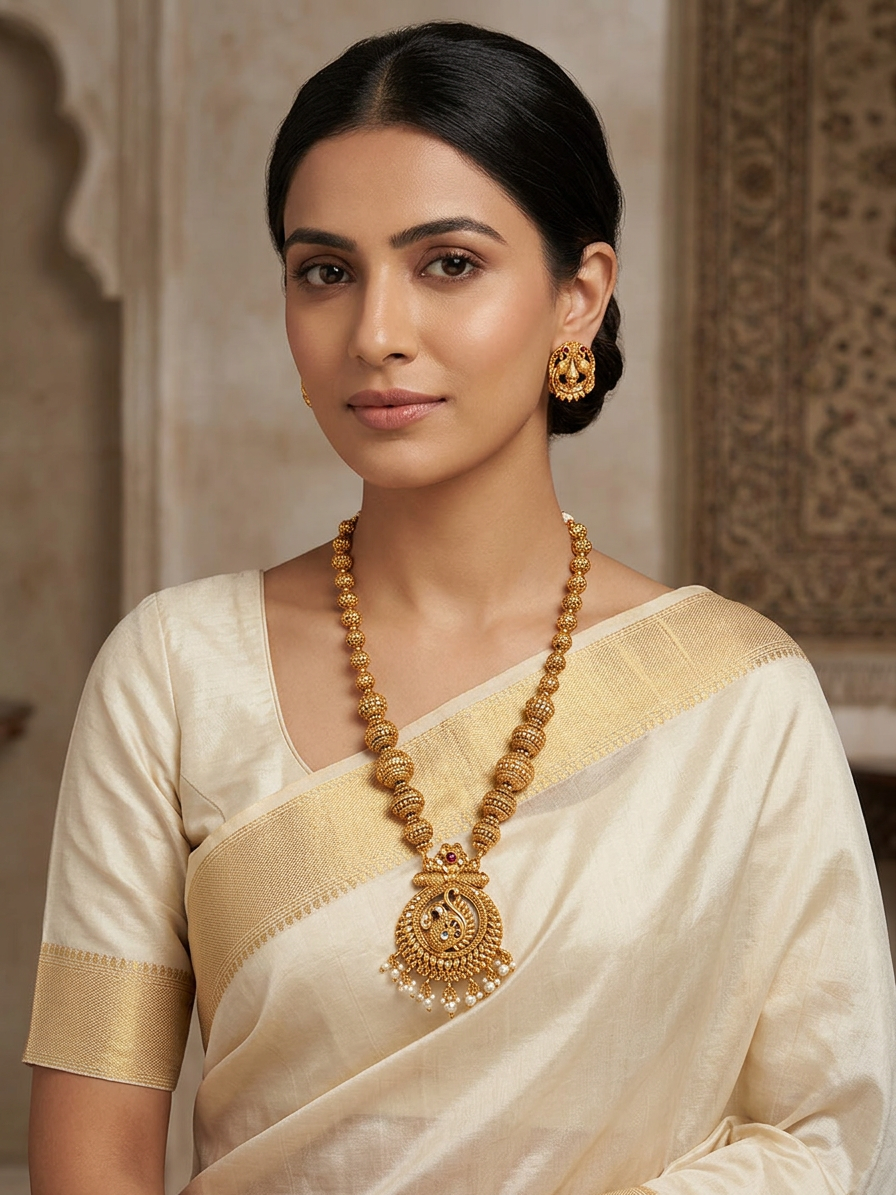Reversible Antique Gold Floral & Peacock Necklace Set
