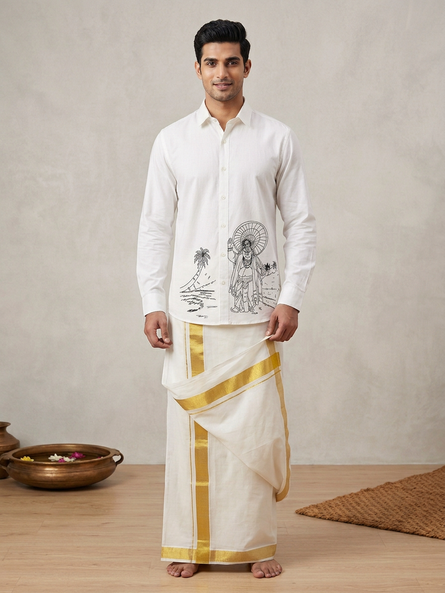 Majestic Heritage:  White Cotton Kasavu Mundu with Solid Gold Border