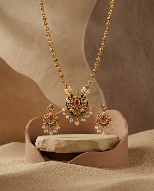 Antique Gold Ruby & Pearl Peacock Necklace Set