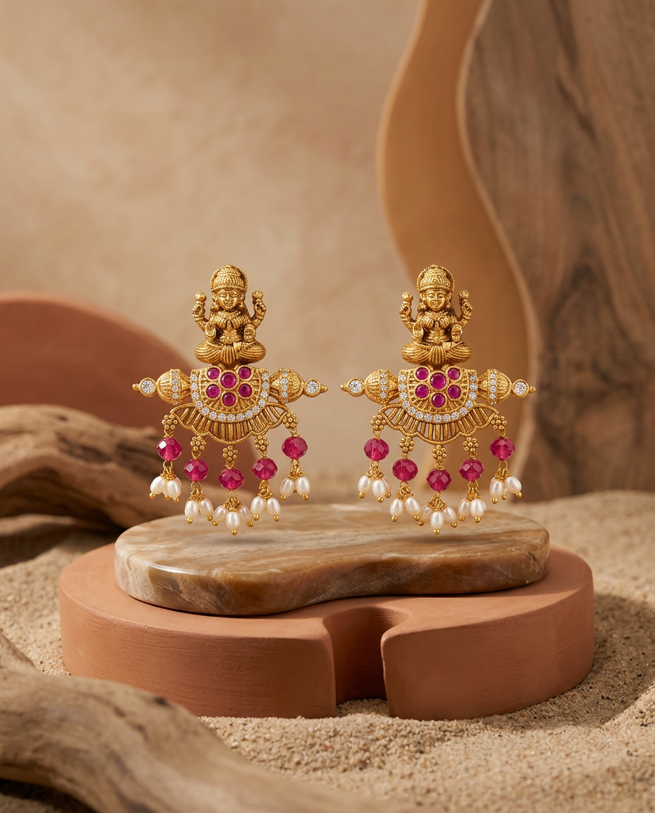 Antique Gold Lakshmi Fan-Shaped Temple Drop Earrings