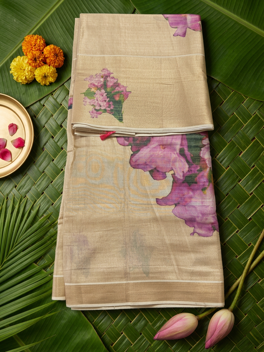 Blossoming Elegance: Pink Floral Printed Golden Tissue Saree