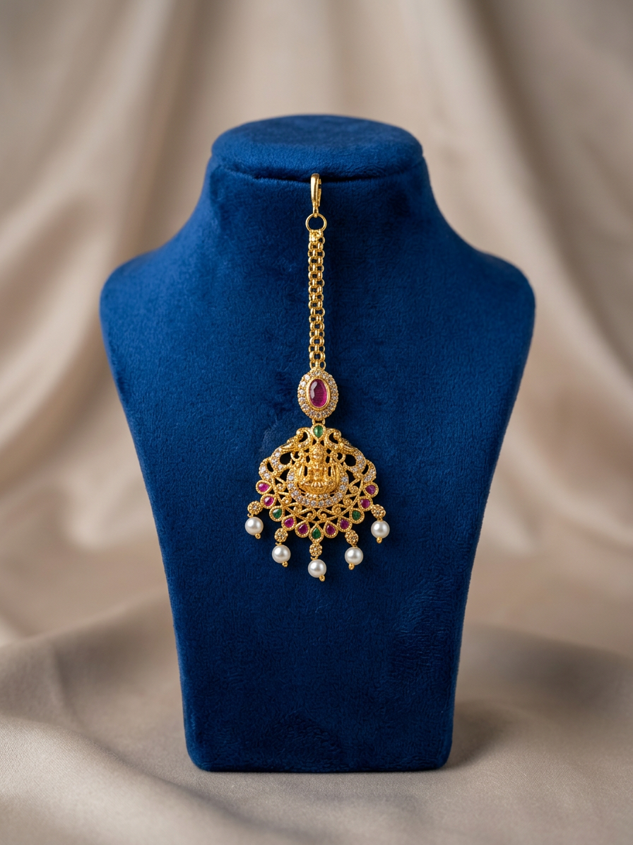 Antique Gold Lakshmi & Ruby CZ Maang Tikka