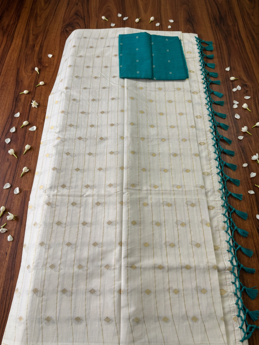 Golden Stripe MulCotton Saree with Teal Tassels & Blouse, Borderless Pattern