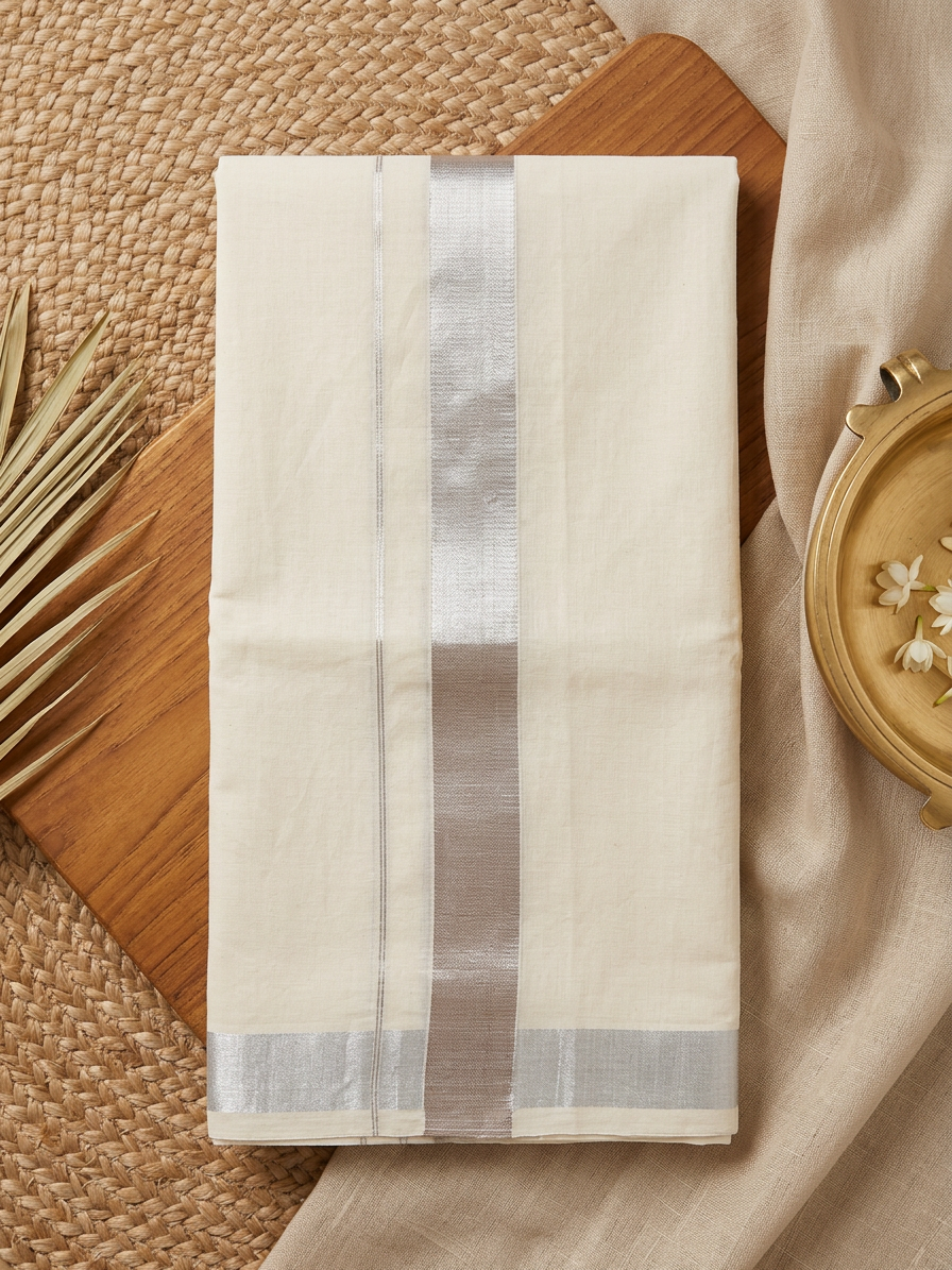 Sterling Grace: Off-White Cotton Mundu with Silver Zari Border