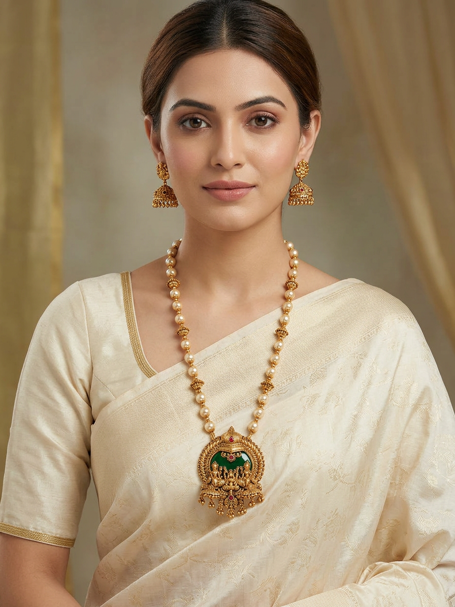 Antique Gold Temple Haram Necklace Set with Jhumkas