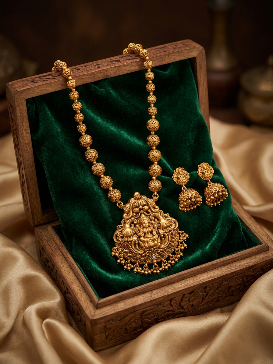 Antique Gold Lakshmi Pendant Beaded Necklace & Jhumka Set