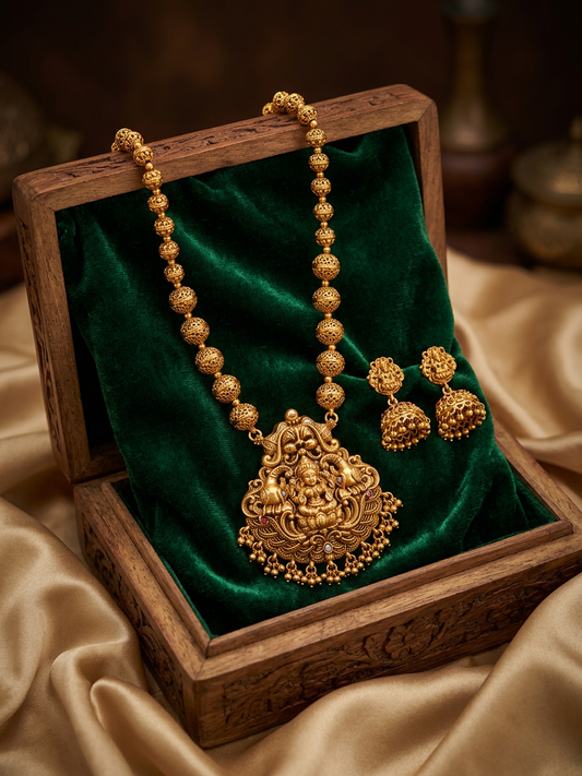 Antique Gold Lakshmi Pendant Beaded Necklace & Jhumka Set
