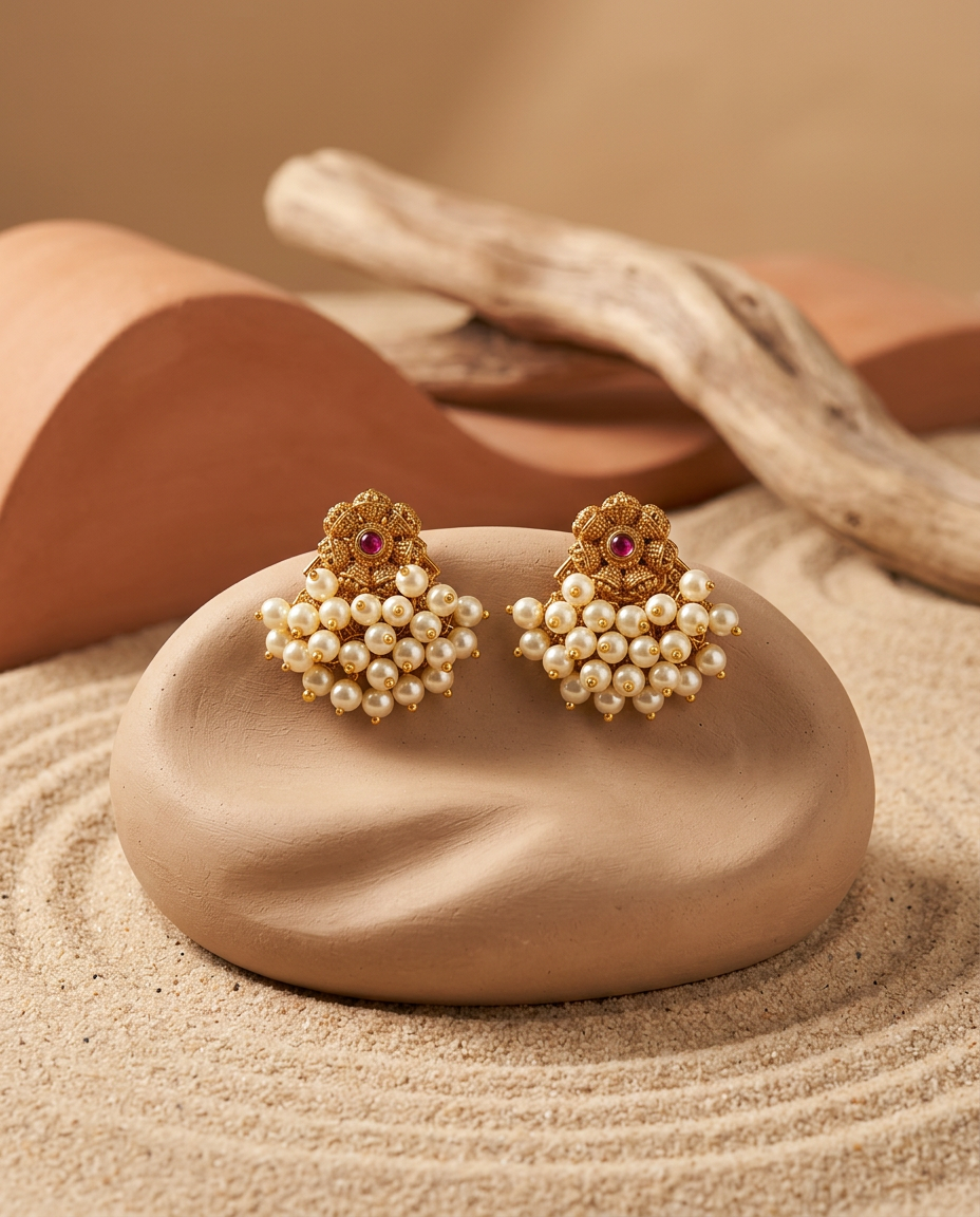Antique Gold Floral Stud Earrings with Bead Cluster Fringe