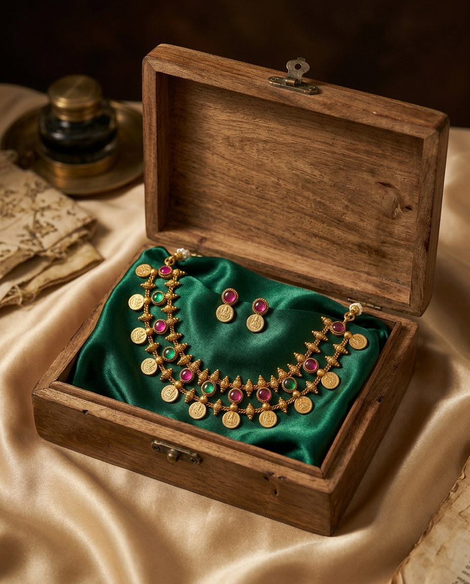 Double-Layered Ruby Emerald & Lakshmi Coin Necklace Set