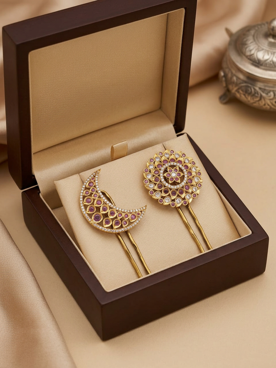 Gold Ruby, Emerald & CZ Openwork Surya Chandra Pirai