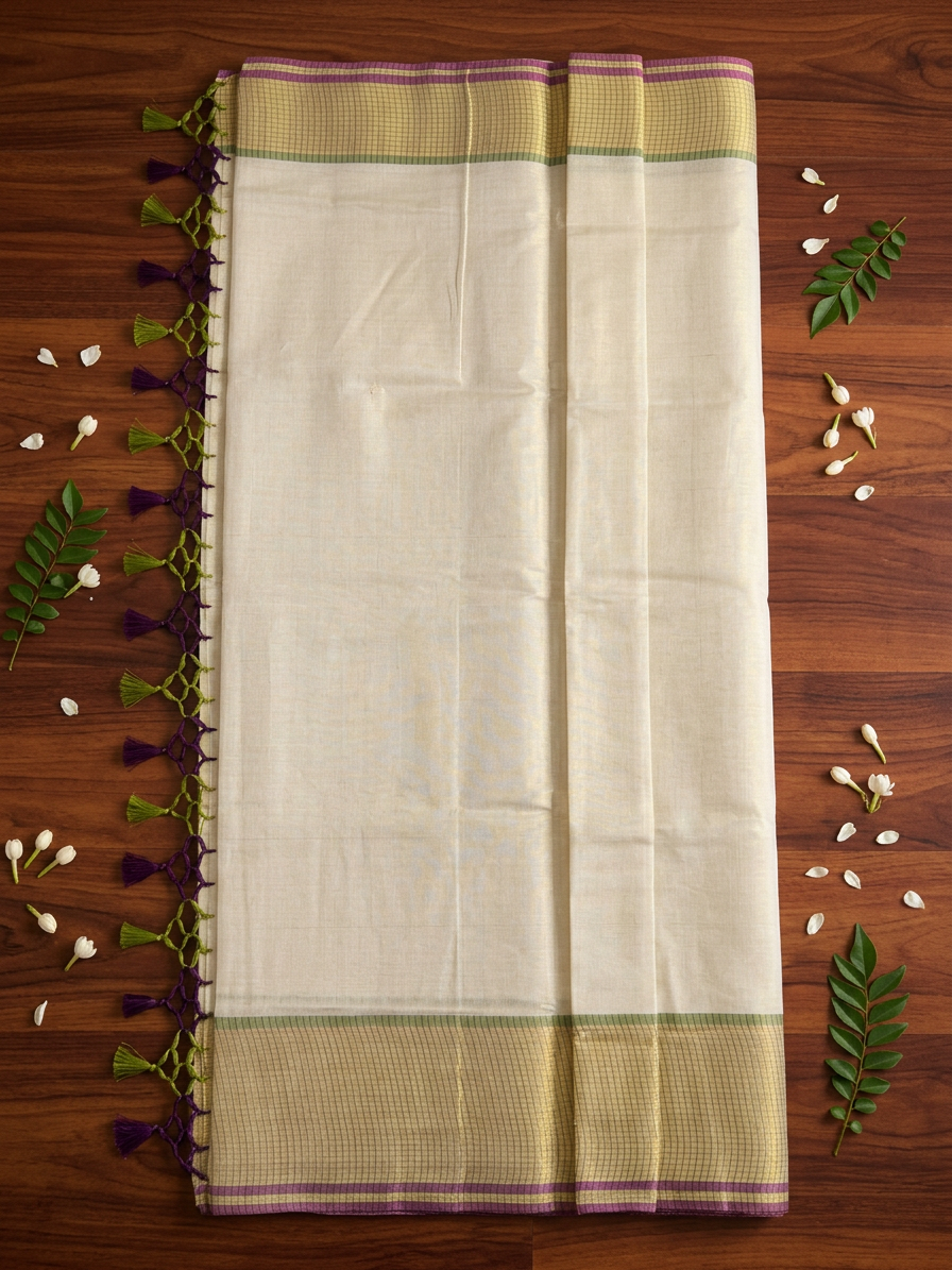 Regal Purple & Olive Checked Kasavu Saree with tassels