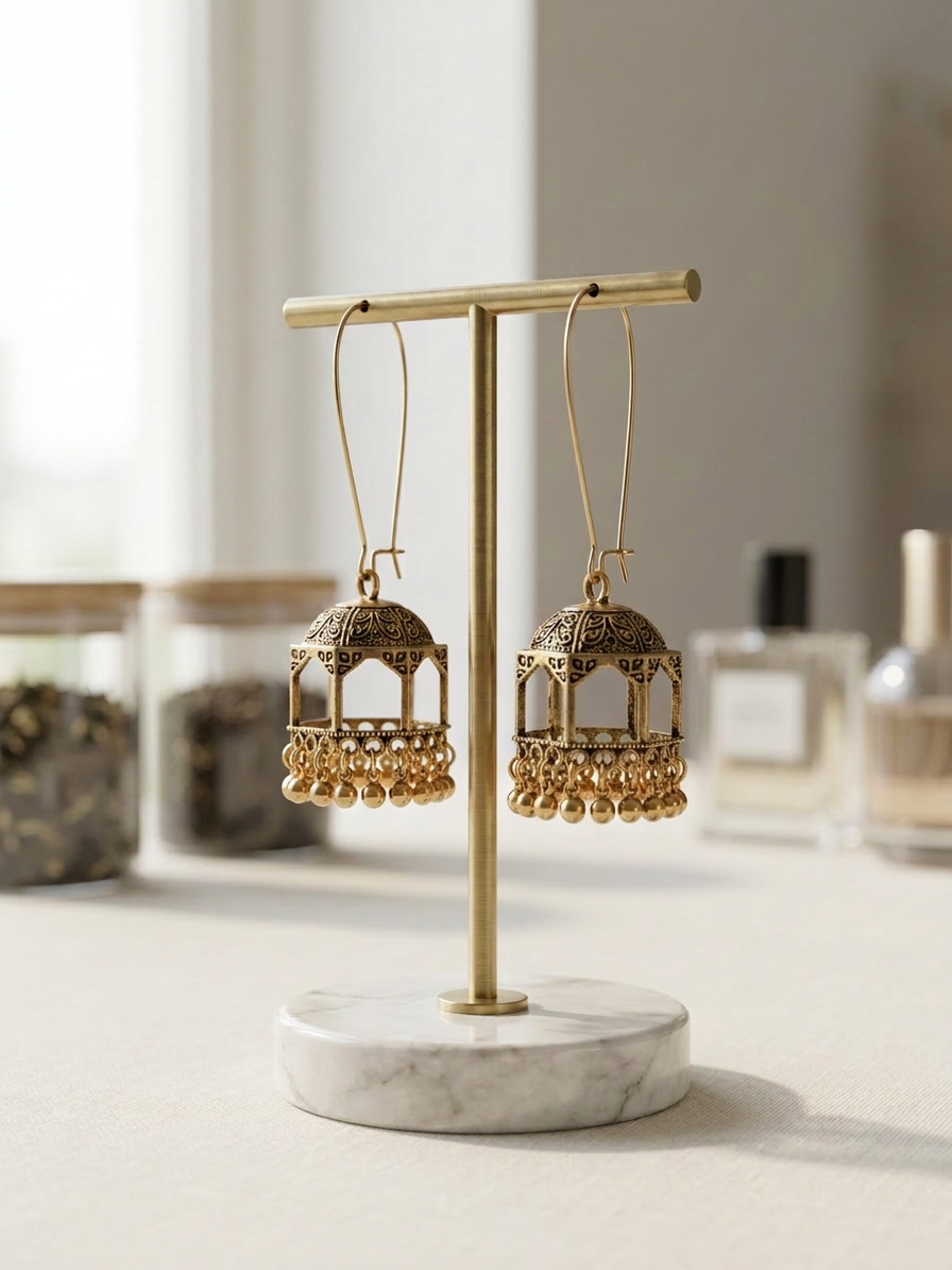 Antique Gold Birdcage Jhumka Drop Earrings
