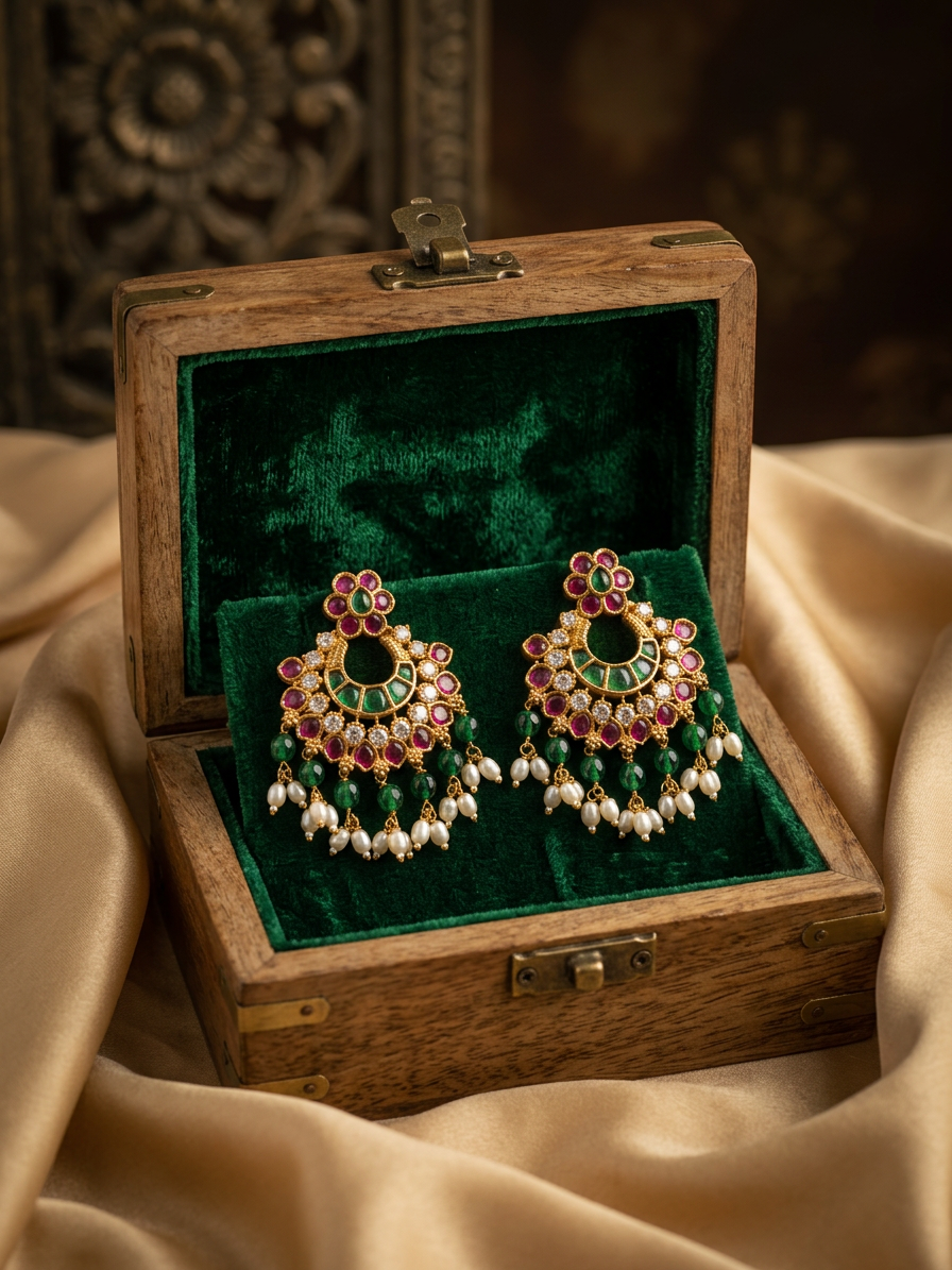 Jadayu Kundan Gold Ruby & Emerald Crescent Chandbali Drop Earrings
