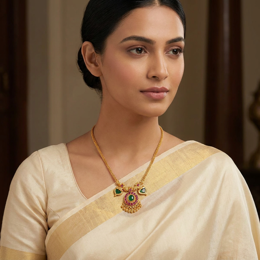 Traditional South Indian Antique Gold Kemp Necklace with Green Stones