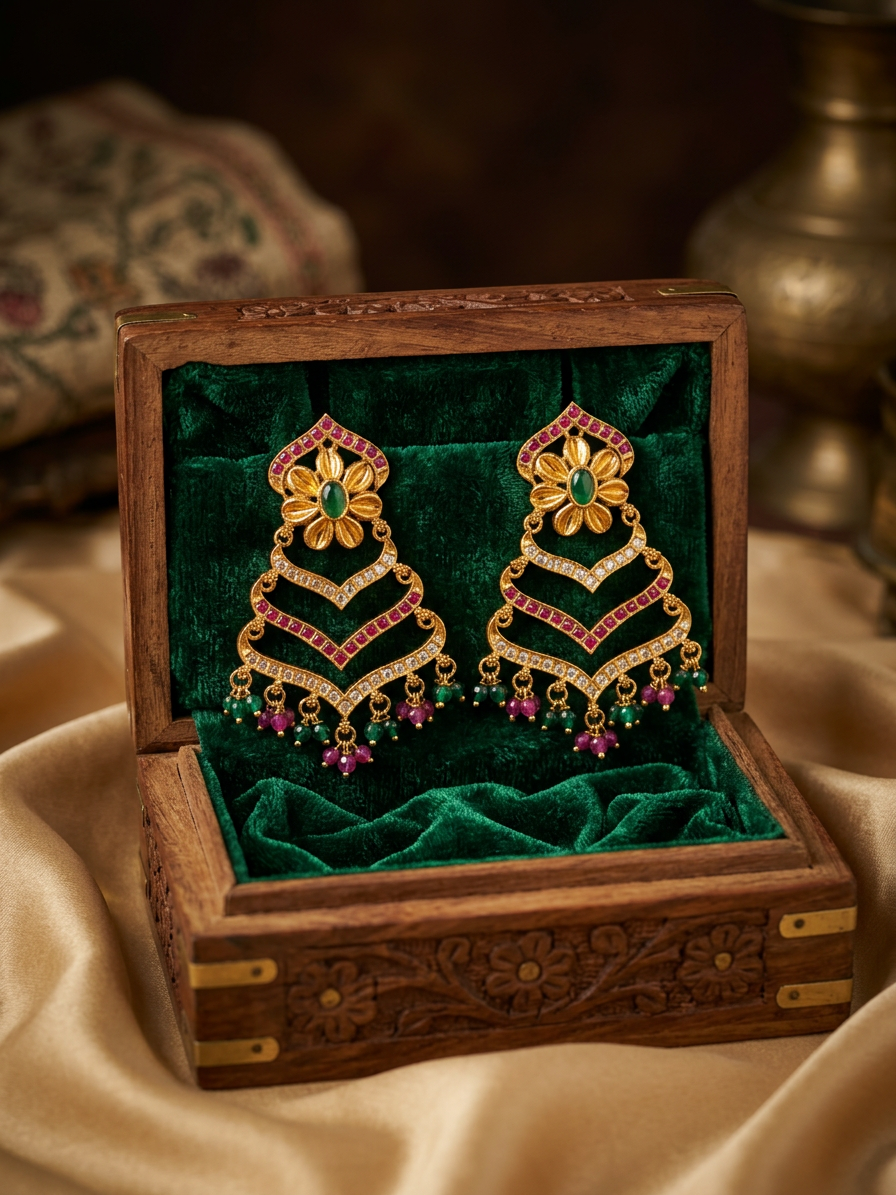 Gold Floral Chevron Chandelier Drop Earrings