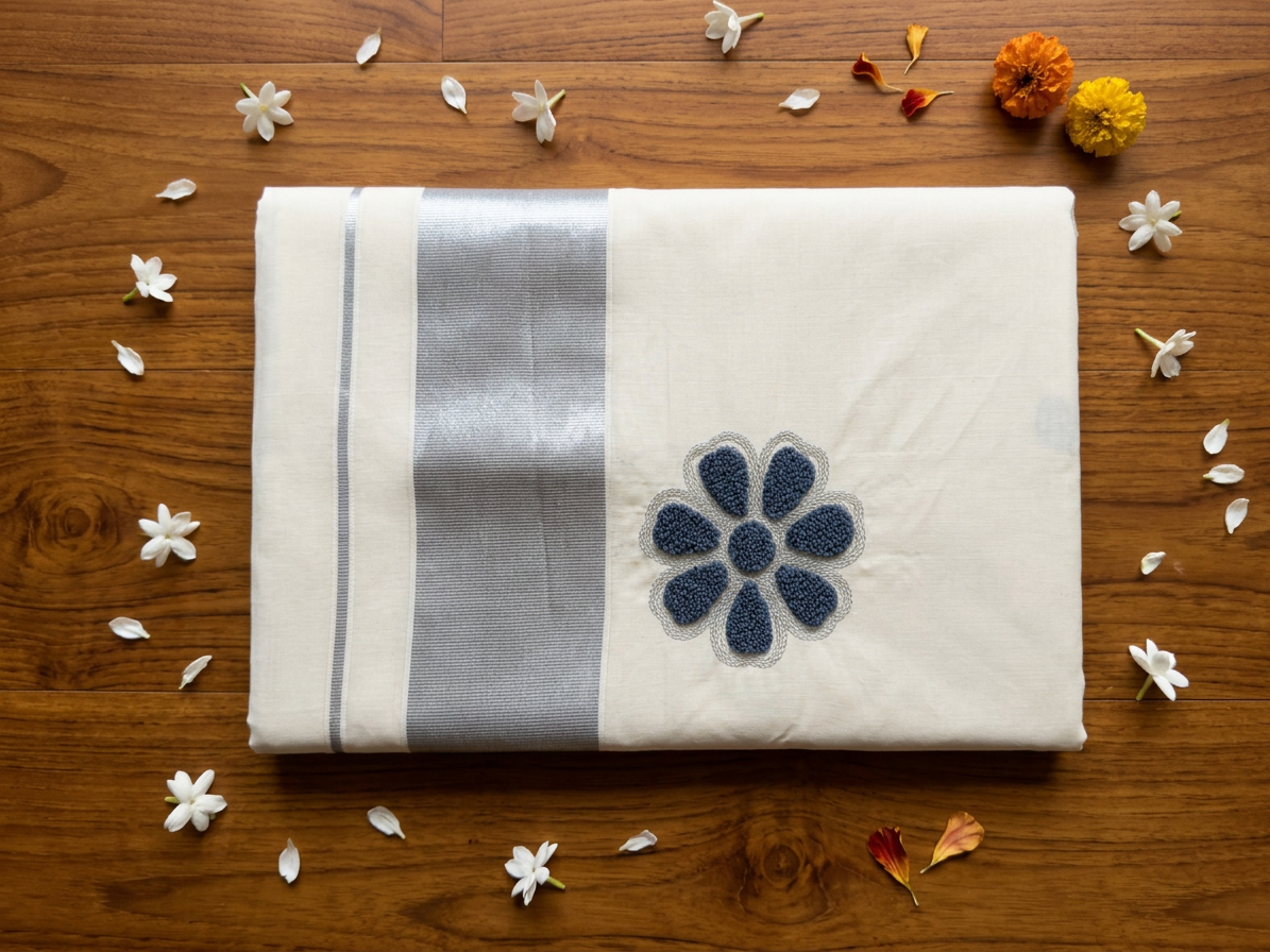 Slate Blue Floral Textured Silver Kasavu Saree