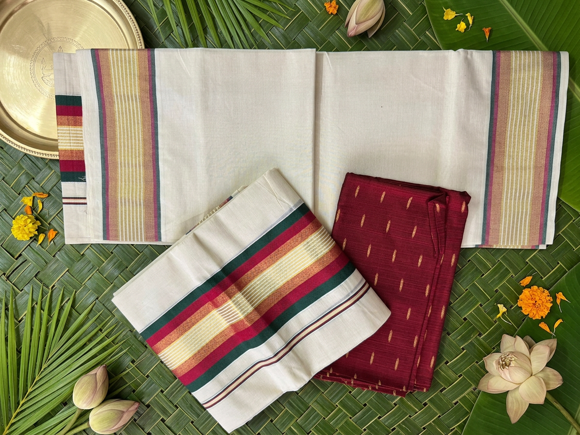 Pure Cotton Kerala Set Mundu Featuring a Vibrant Maroon, Emerald Green
