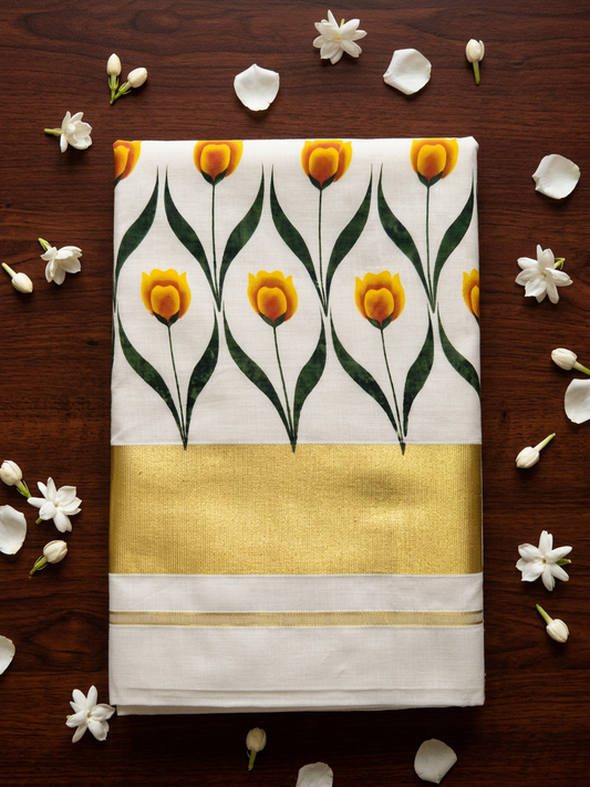 Sunlit Tulip Lattice Kerala Kasavu Saree