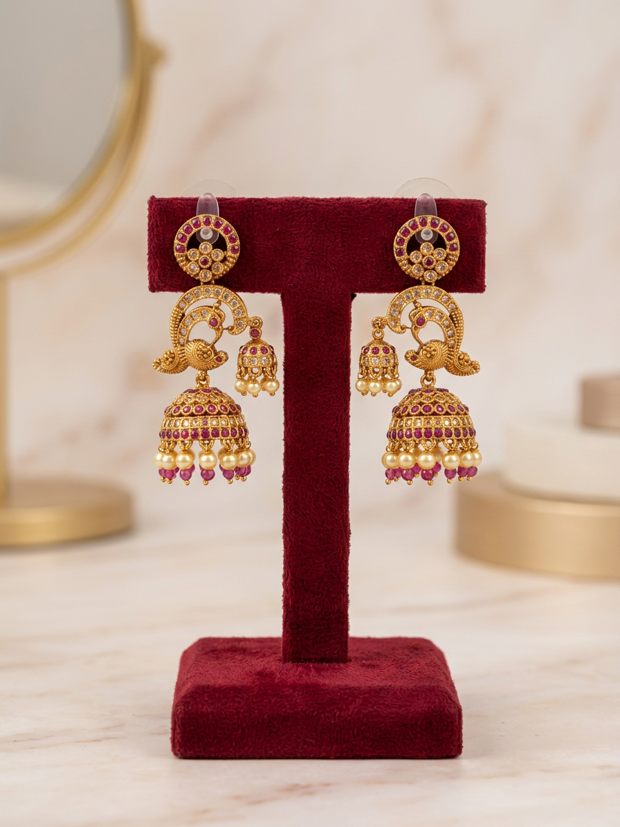 Antique Gold Peacock Double Jhumka Earrings
