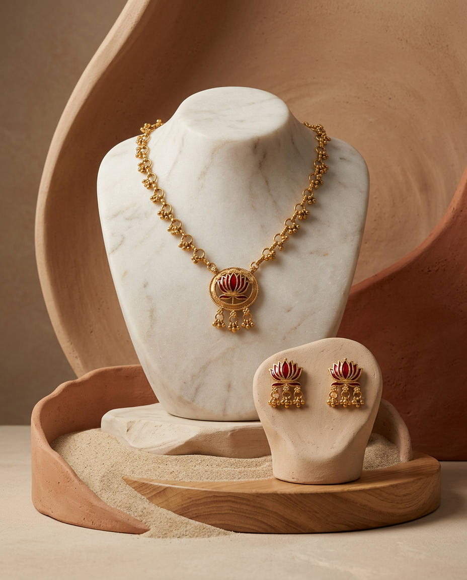 Elegant Gold Enamel Lotus Motif Necklace Set