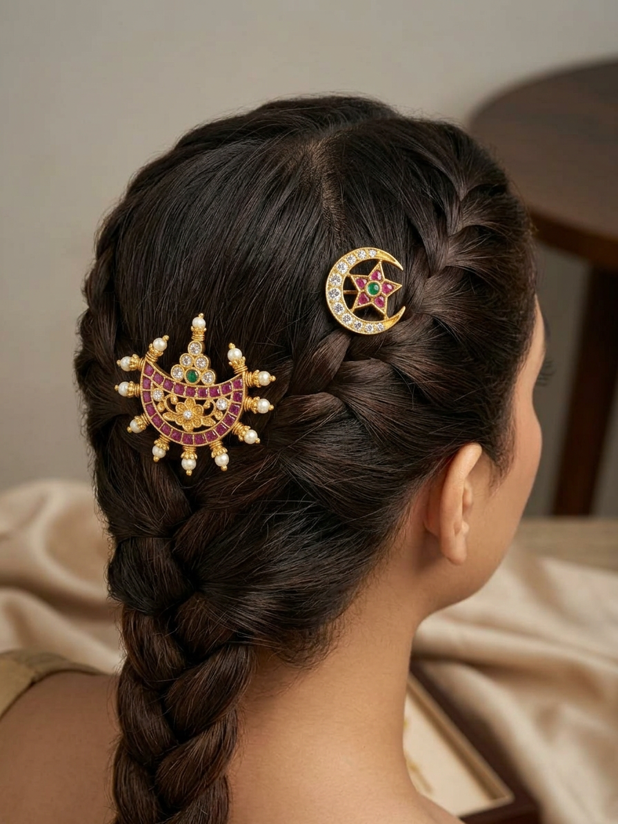 Gold CZ & Ruby Star Crescent Hair Accessories (Surya Chandra Pirai)