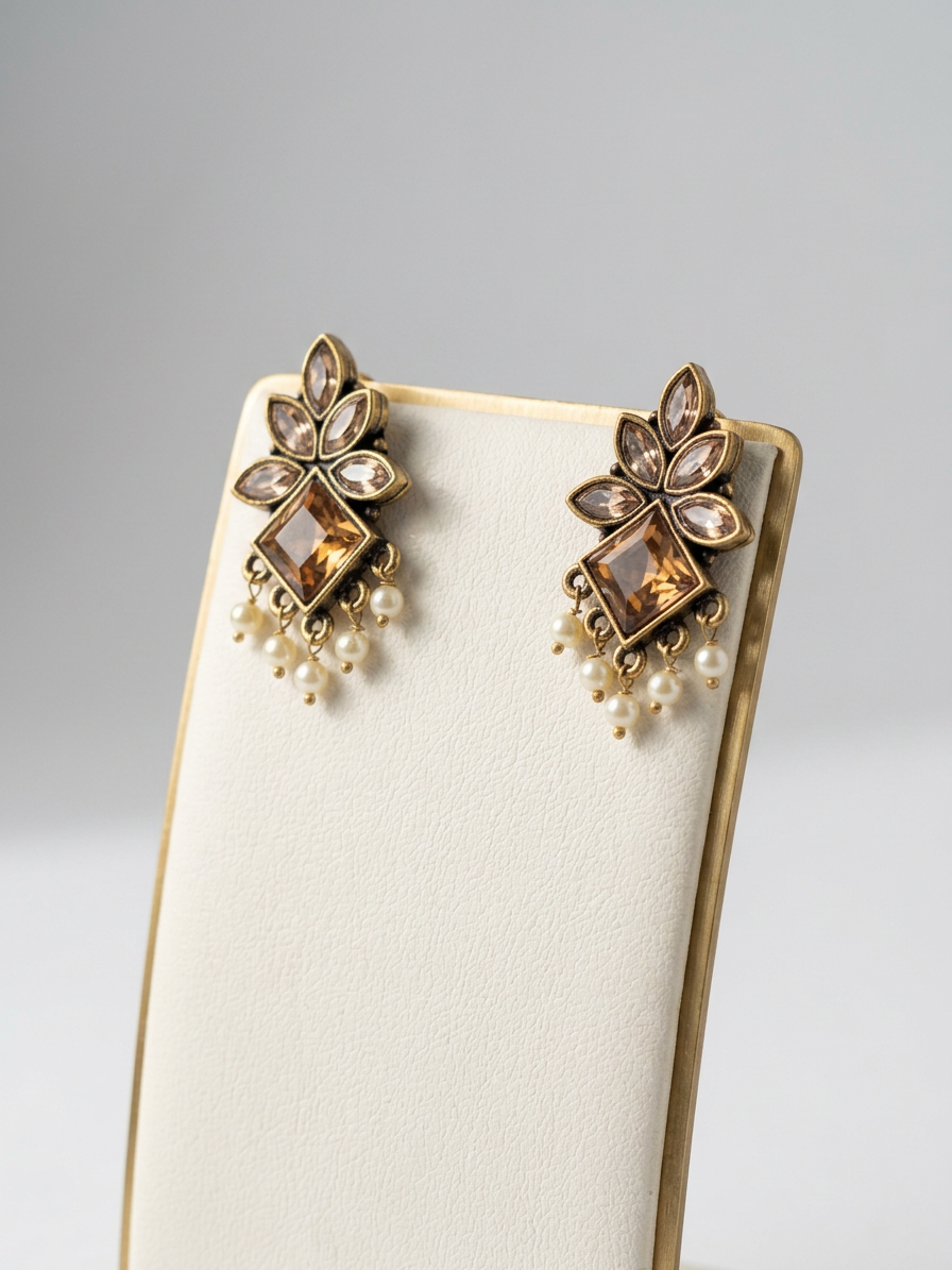 Geometric Diamond Stone & Pearl Antique Stud Earrings