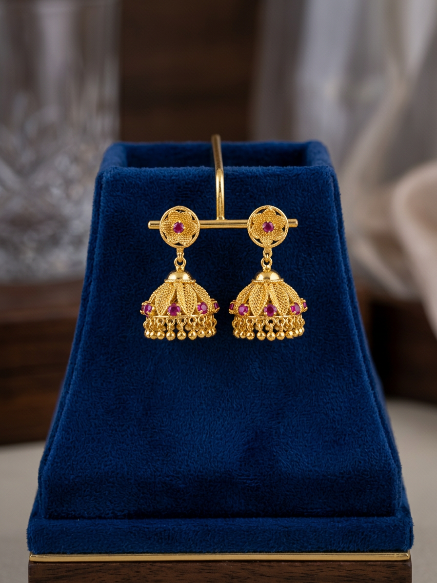 Traditional Antique Gold Floral Leaf & Ruby Jhumka Earrings