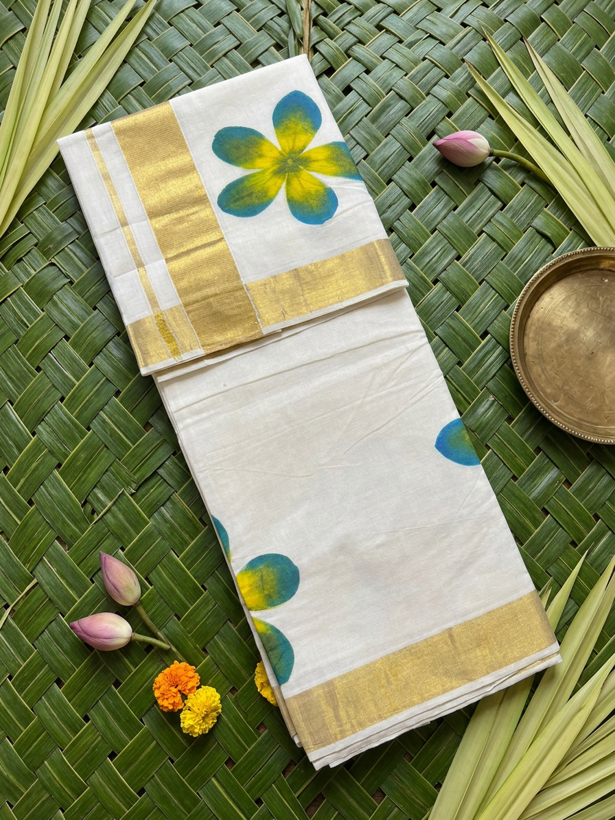 Anika Blue & Yellow Floral Painted Kasavu Cotton Saree