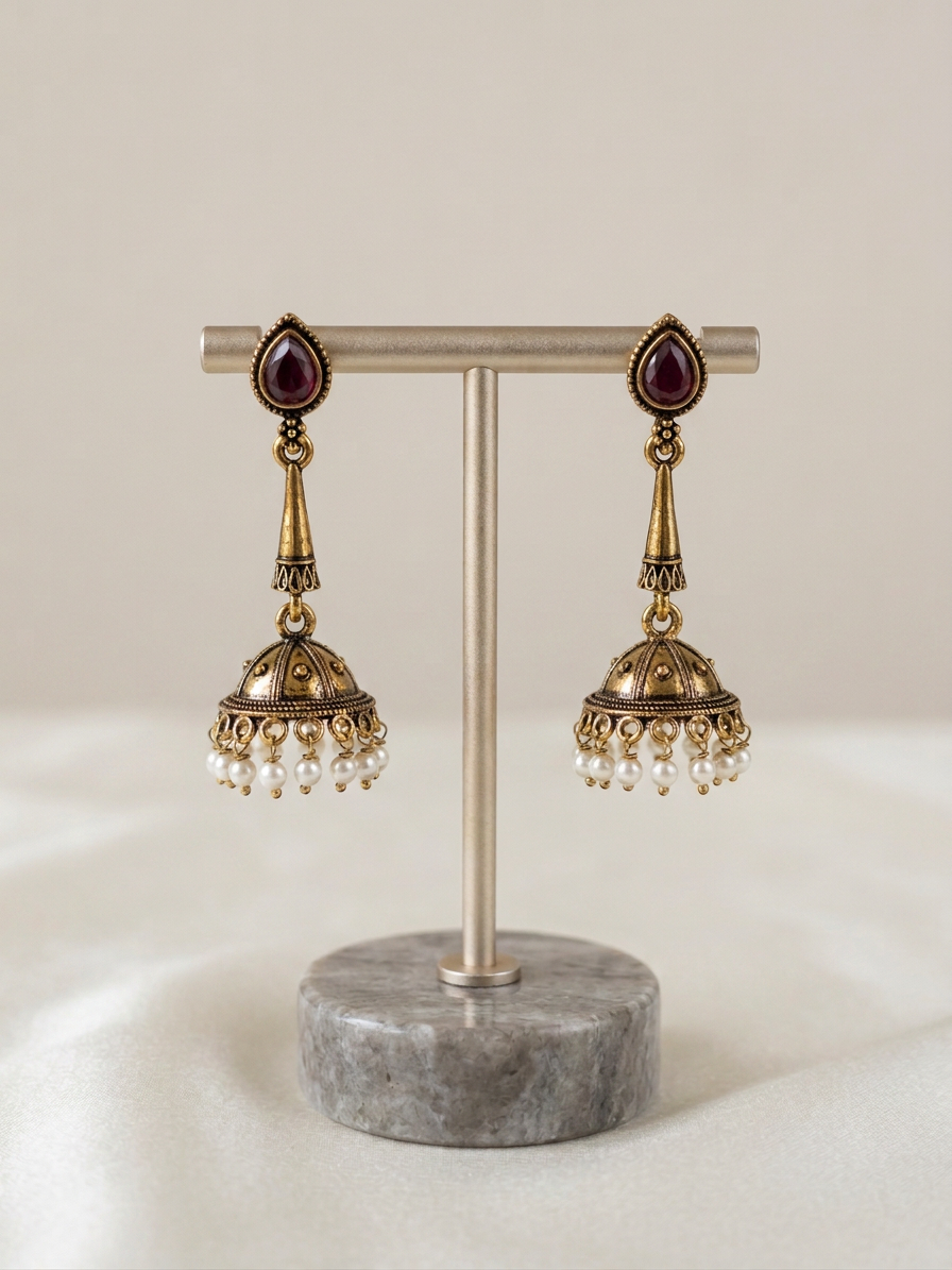 Teardrop Stone Antique Gold Pearl Jhumka Earrings
