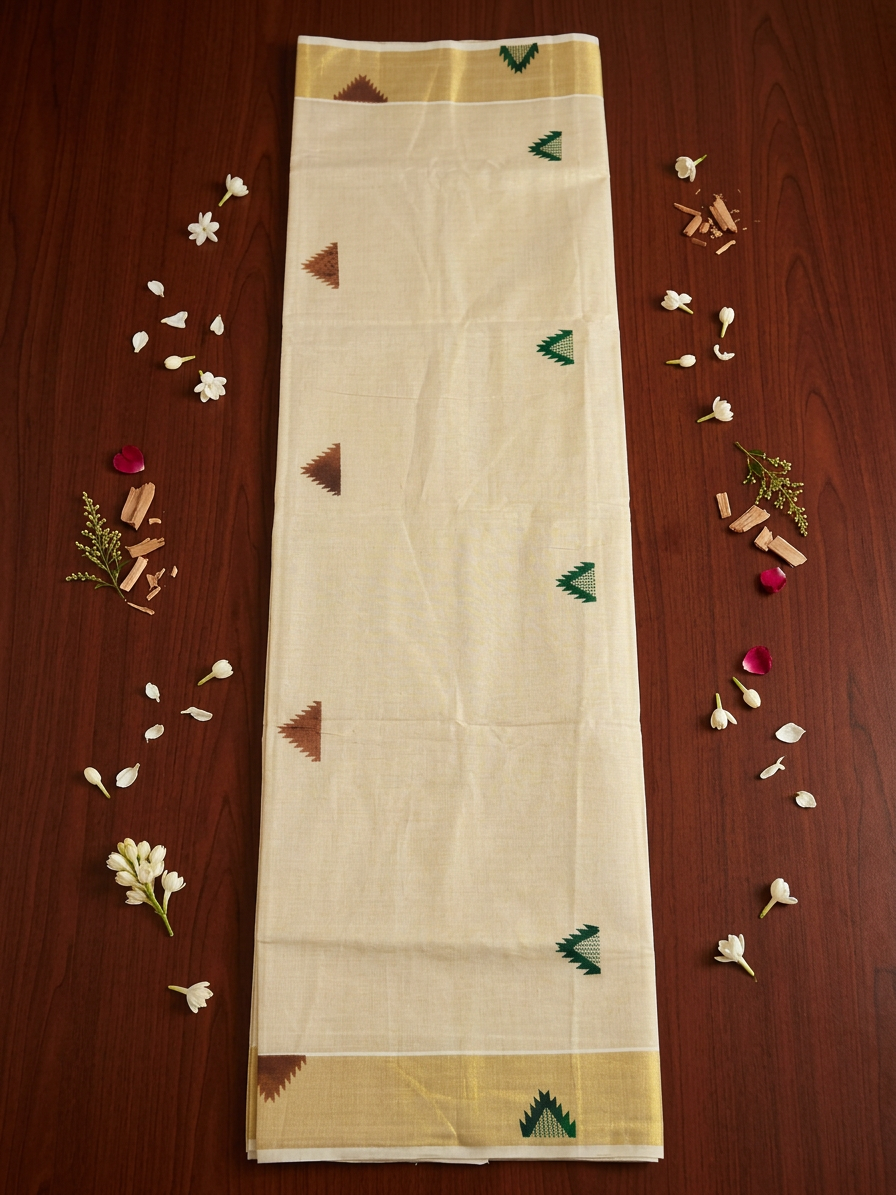 Off-White Tissue Saree with Lustrous Gold Zari Border and Striking Dual-Tone Green and Brown Geometric Temple Motifs