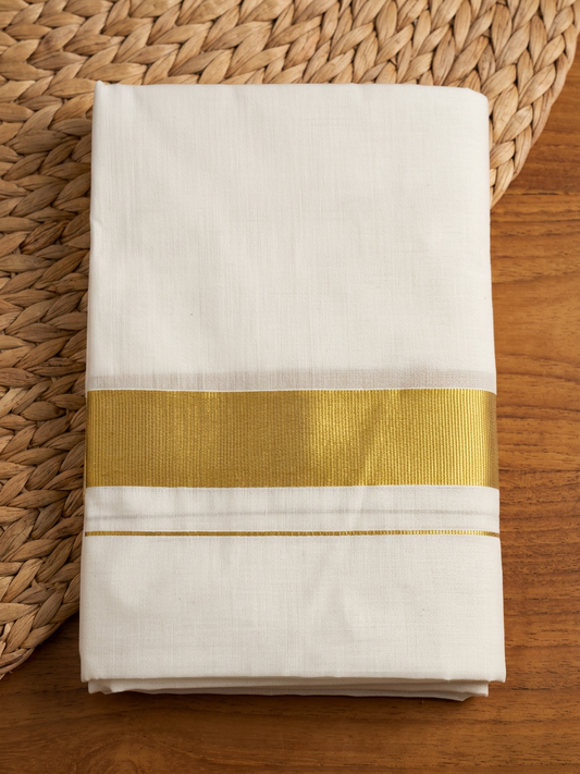 Regal Ivory: Off-White Cotton Kasavu Mundu with Solid Gold Zari