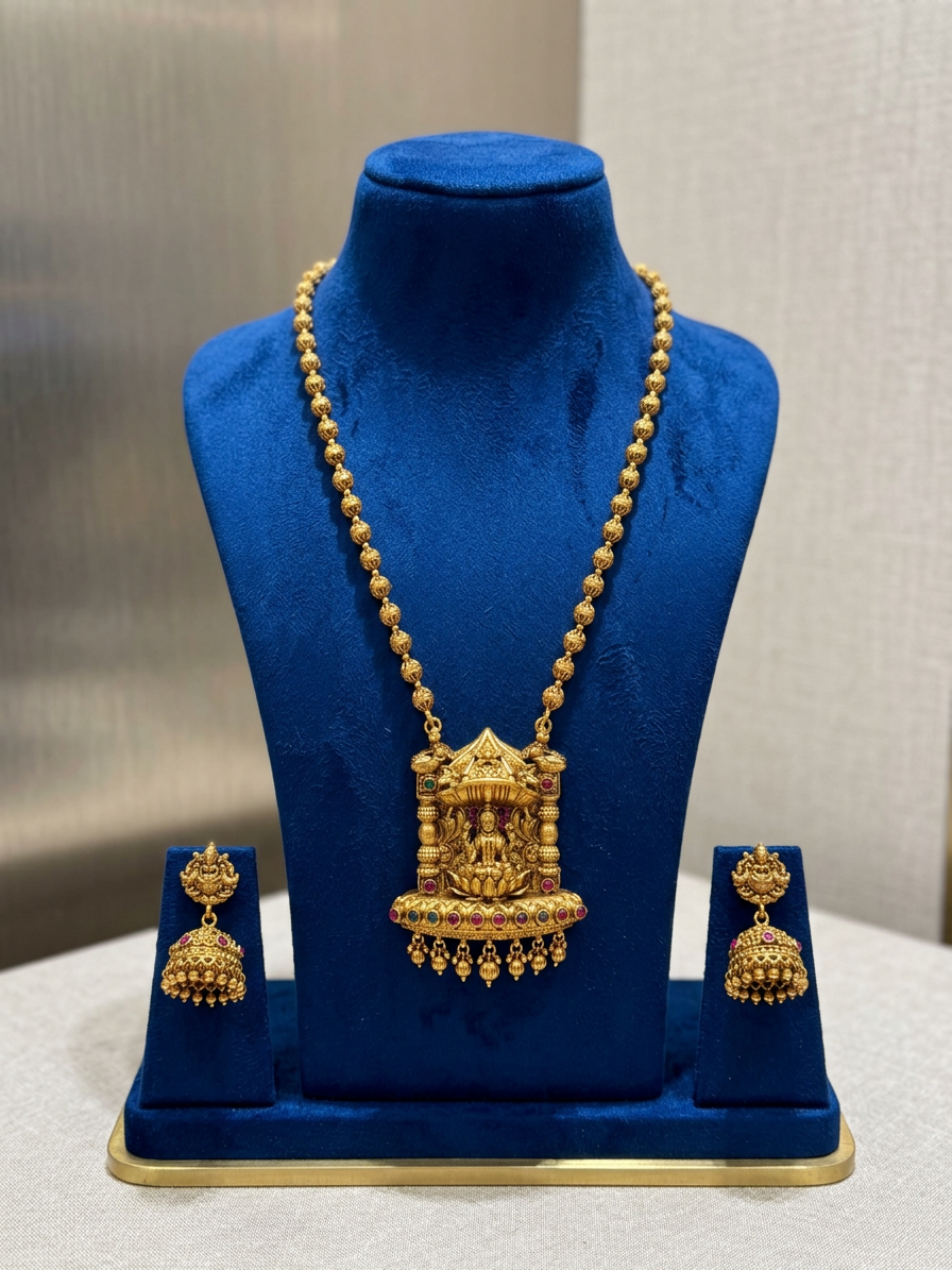 Divine Lakshmi Temple Antique Gold Haram & Jhumka Set