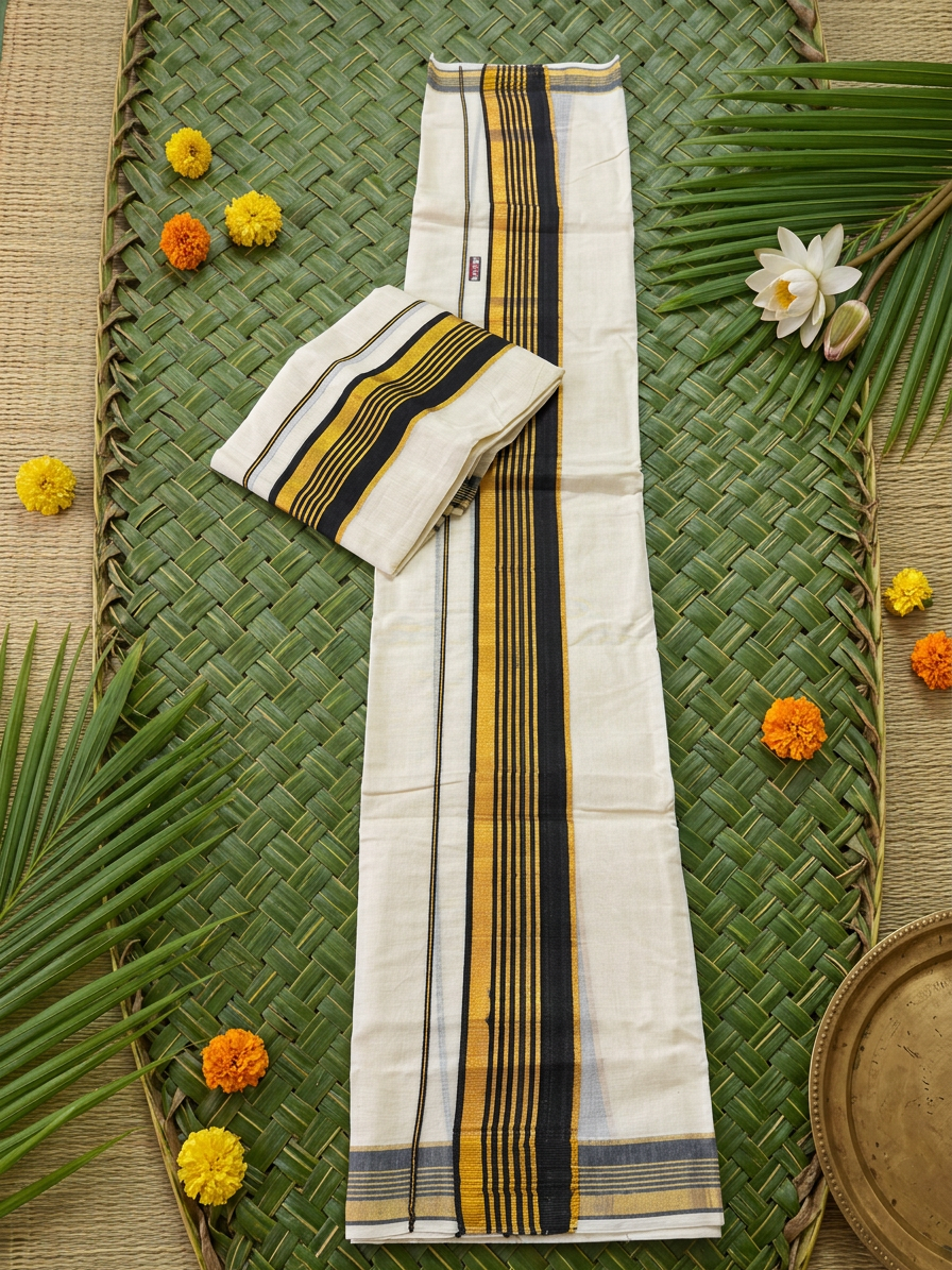 Kerala Cotton Set Mundu with Black & Gold Kasavu Border (Extra Length)