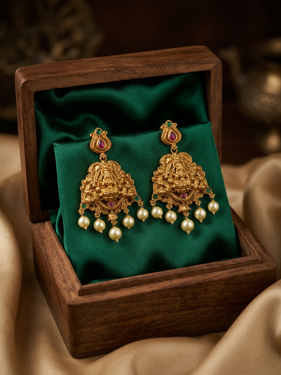 Antique Gold Lakshmi Bell-Chain Long Haram Set